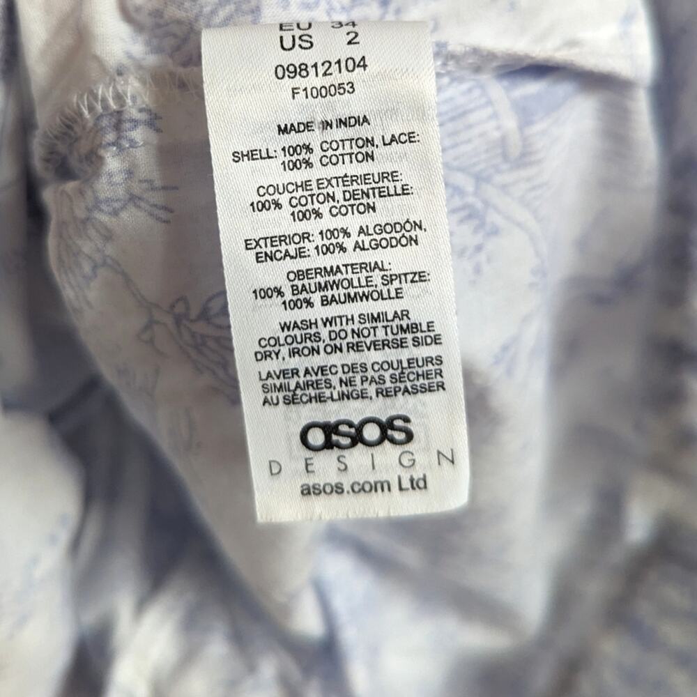 Asos Design Dress 2 Toile De Jouy Blue Ruffle Mini Womens - Picture 10 of 10